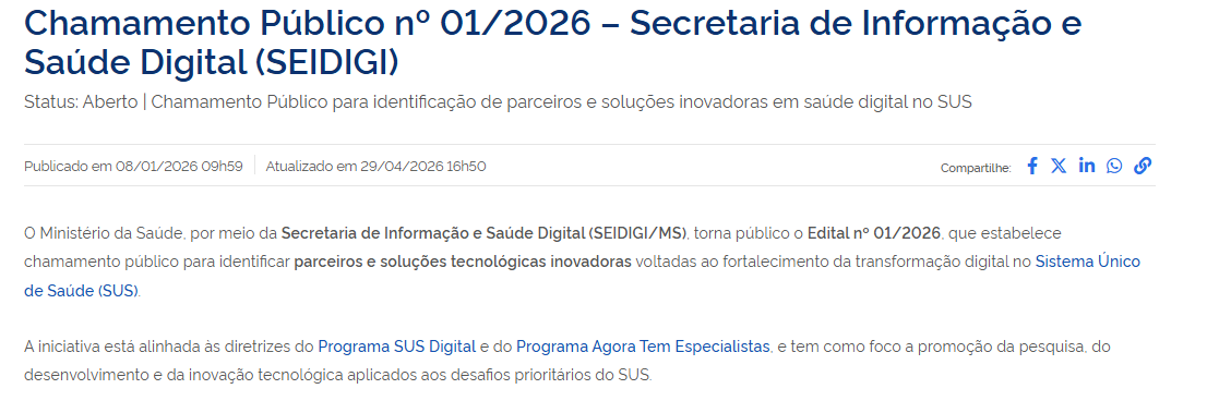 Simpósio marca lançamento do Edital de Chamamento Público do Laboratório InovaSUS Digital